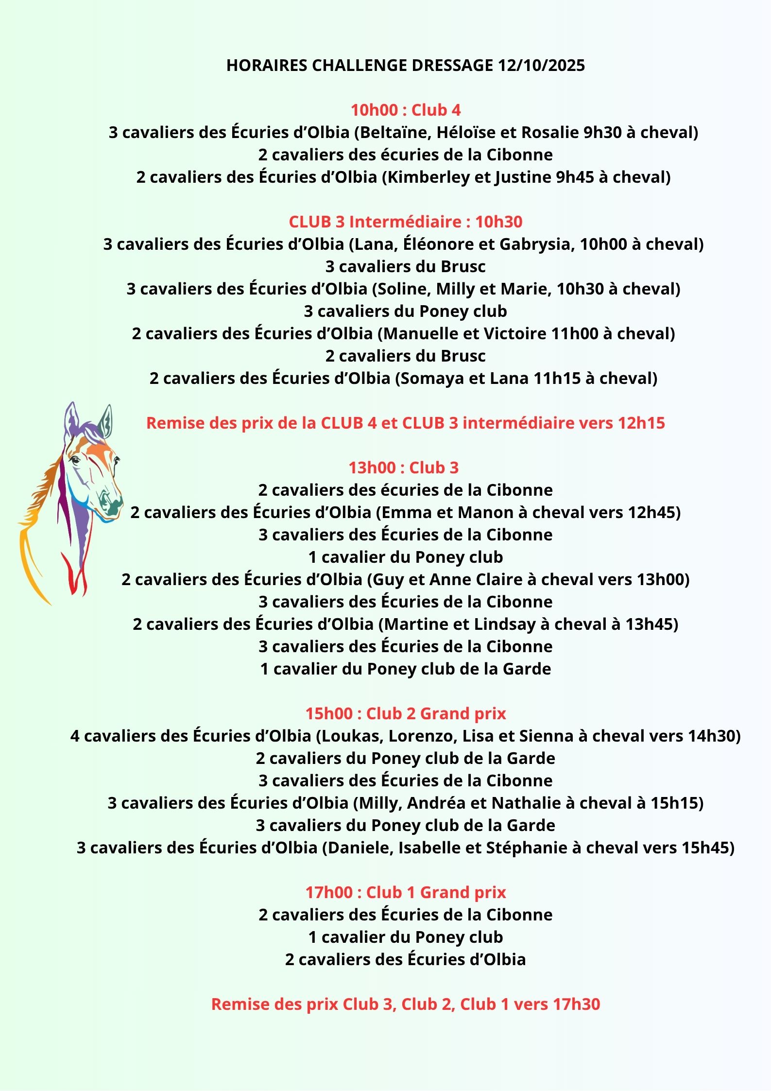 horaires challenge dressage